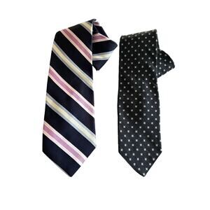 (2) Ike Behar New York Silk Necktie Tie Lot Blue Pink Stripe Charcoal Print USA